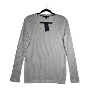 Tommy Hilfiger Women's Gray Ribbed V-Neck Sweater Size M, Long Sleeve